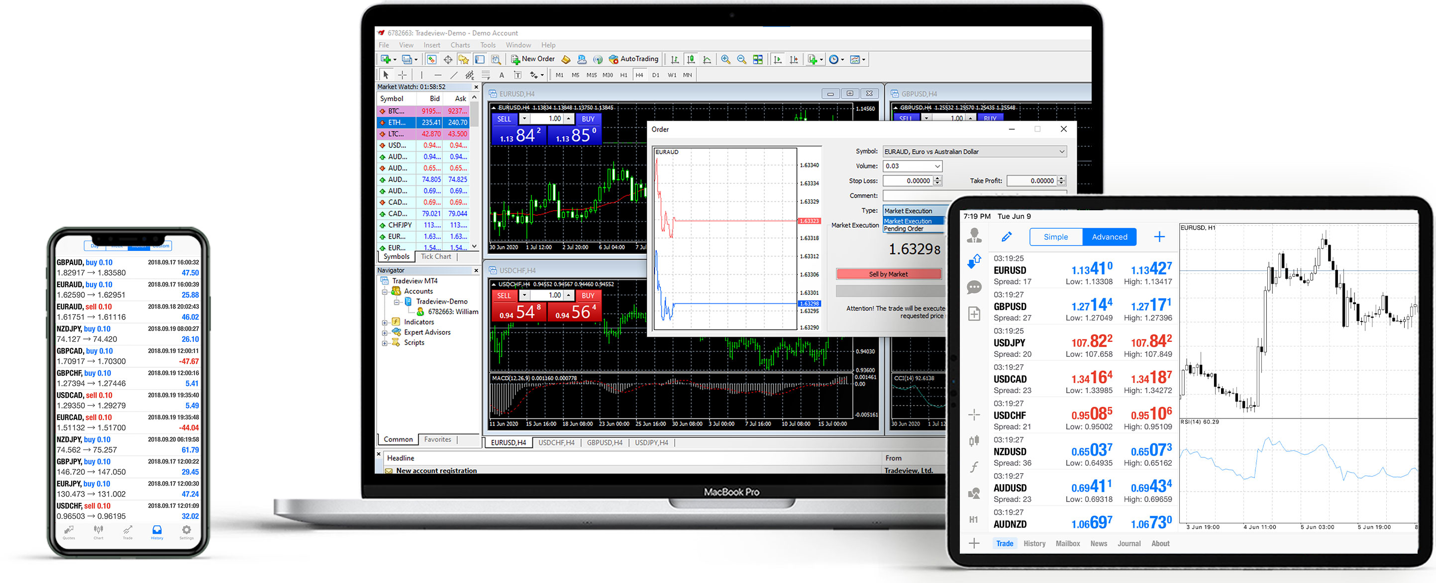 MetaTrader 4 Platform Powered by Tradeview Markets Broker displaying prices and charts of financial instruments